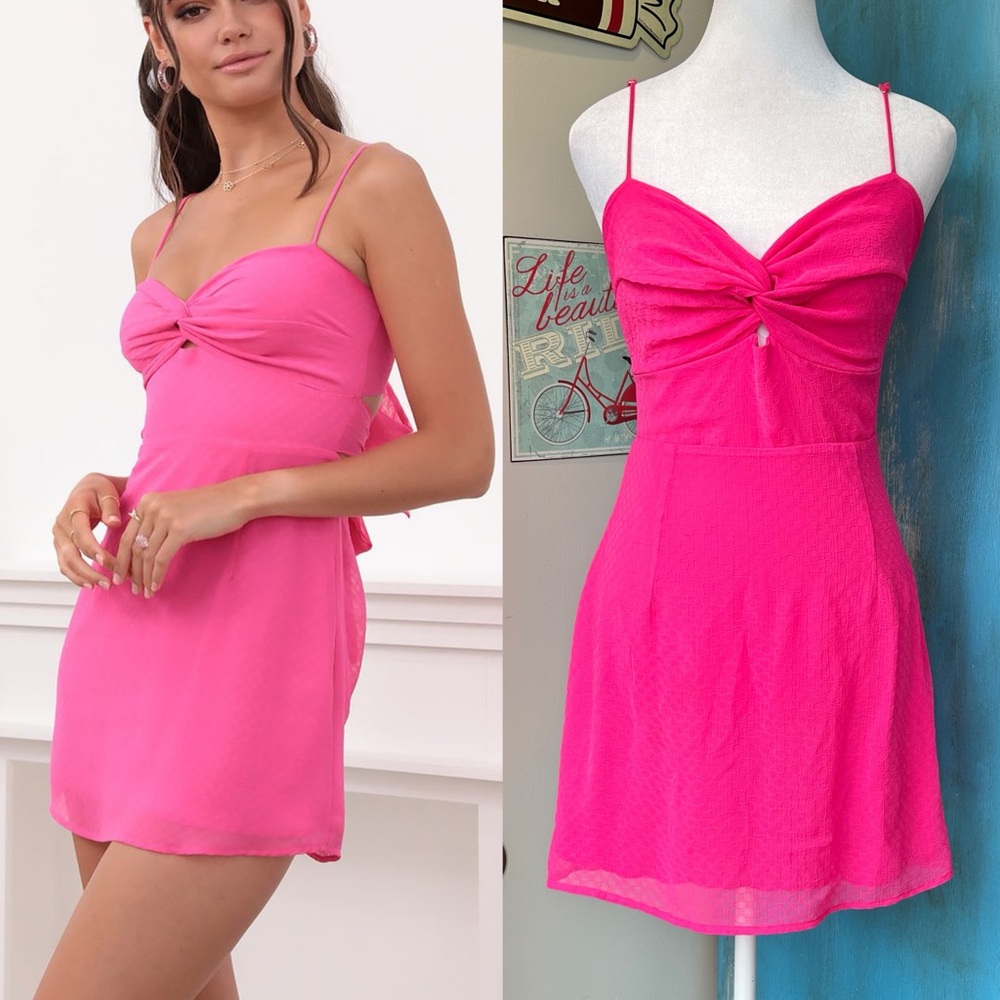 Lucy in the Sky Hot Pink Bow Twist Front Mini Dress Date Night Formal Barbie